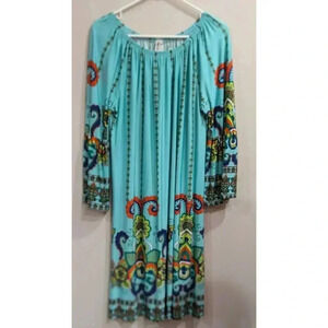 Women's long trumpet sleeve tunic/dress turquoise w/Paisley print 2XL